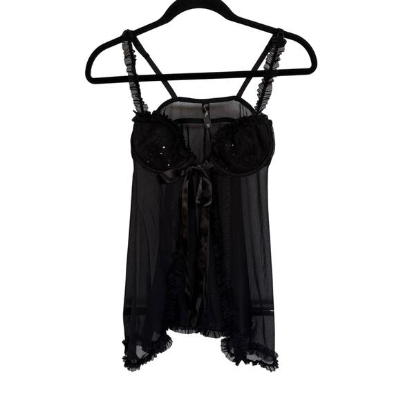 Victoria's Secret Black Sexy Lingerie Nightie Sheer Goth Romantic Tie Front 34C - Picture 1 of 8